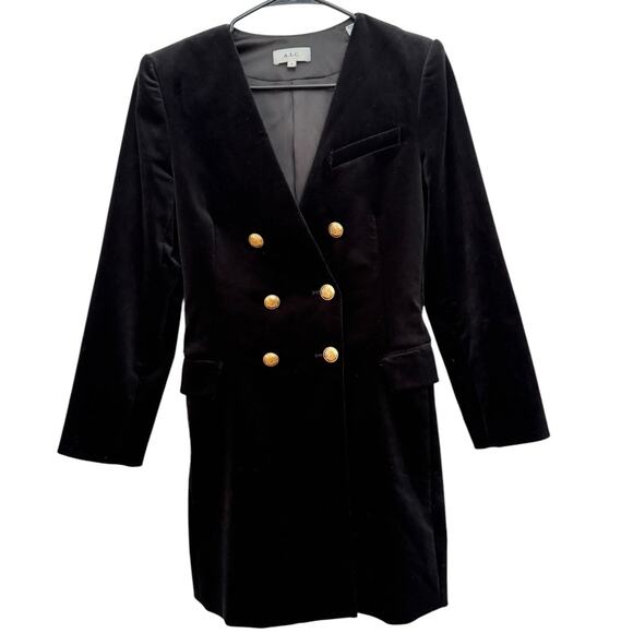 A.L.C Chelsea Velvet Jacket Mini Dress V neck in black with gold buttons size 6 - Picture 7 of 15
